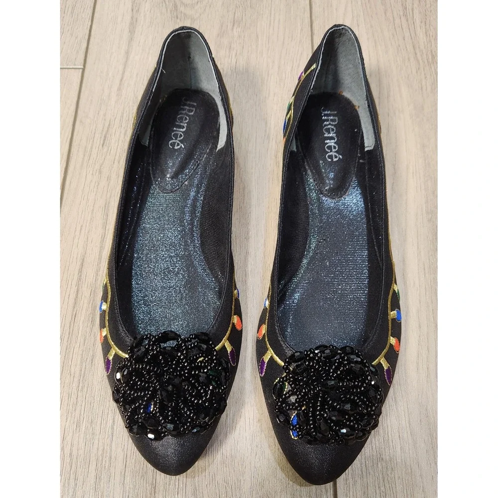 J. Renee Womens Black Christmas Ballet Flats Lights Embroidered Beaded Pom 7.5M